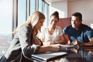Invest, financial advisor or couple at table in meeting for budget, policy update or paper in...