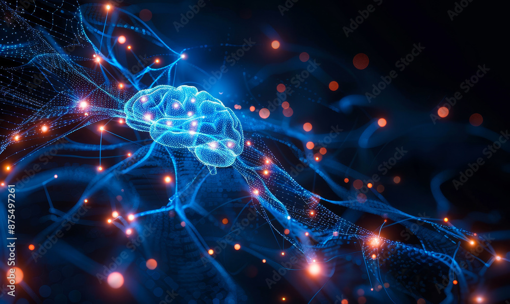 Poster digital brain with neural connections and glowing dots representing artificial intelligence and netw