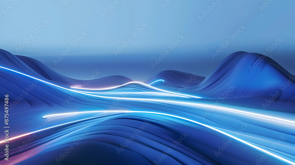 Poster 3d render landscape of smooth blue wave with glowing edges on background. aig53f.