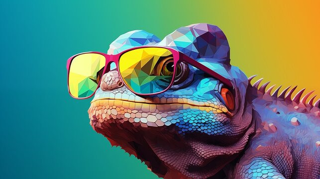 chameleon wearing sunglasses on a solid color background, vector art, digital art, faceted, minimal, abstract, panorama background.