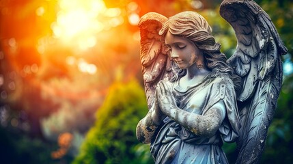 Obraz premium Beautiful stone statue of a praying angel with wings in a cemetery, park or garden. Illustration for cover, card, postcard, interior design, decor or print.