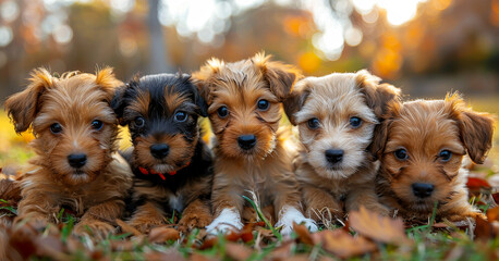 Adorable Puppy Portraits in Autumn Setting - Five Cute Puppies Sitting on Grass with Fall Leaves, Soft Light of Sunset, Happy and Playful Mood