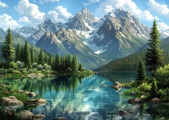 Fototapeta premium Breathtaking Alpine Landscape Featuring Majestic Snow-Capped Mountains, Lush Green Forests, and a Pristine Reflective Lake Under a Blue Cloudy Sky