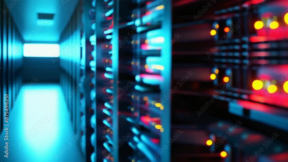 Poster modern data center with illuminated server racks