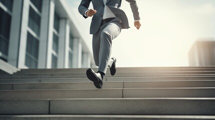 Close up young businessman feet sprinting up stairs office middle image