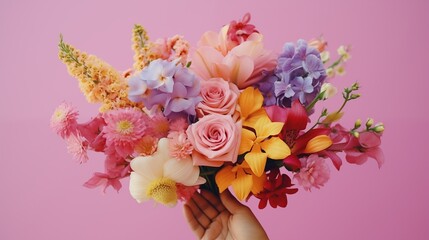 Crop anonymous person demonstrating bunch of colorful flowers against pink background.