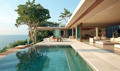 Fototapeta premium Architectural Photography Exterior view of a minimalist villa, with a beautiful tropical garden, with a minimalist sliding door