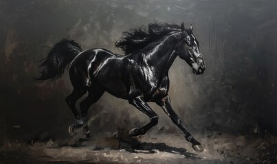 Fototapeta premium an oil painting of an aggressive solid black horse. The horse is running against a solid black night.