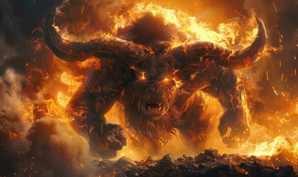 An awe-inspiring illustration of a colossal 10 metre long minotaur demon, its muscular form and formidable horns cast an imposing shadow on the ground, while its fiery eyes burn with fury and malice
