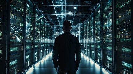 Data Center Engineer, Young man holding digital tablet standing by supercomputer server cabinets in data center, Data Protection Network for Cyber