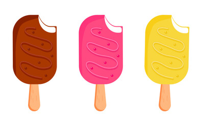 Ice cream collection on a stick with icing in different colors. Delicious food. Vector illustration. Isolated