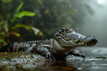 Young Crocodile Resting In A Tropical Rainforest During A Rainy Day