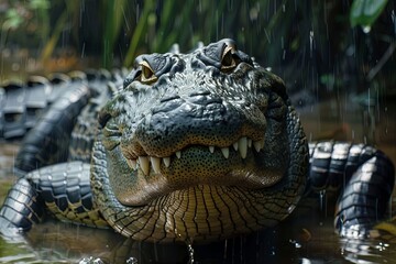 Obraz premium Close Up of an Alligator in a Tropical Rainforest During a Rain Shower