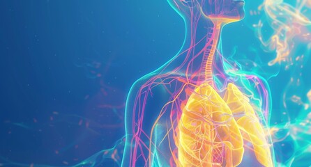Digital illustration of human anatomy showing cardiovascular and respiratory systems