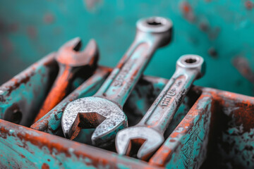 Toolbox with wrench on stone background.	  