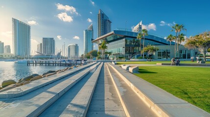 Obraz premium A man sits on a bench overlooking a marina with several boats docked. Generate AI image