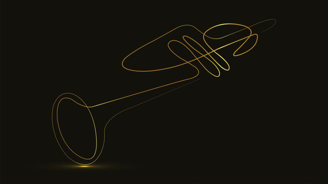 Trumpet. Line Art. Glowing gold line. Musical instrument trumpet icon. Isolated on black background. Vector illustration. Simplicity design. Music concept. Continuous one line drawing. logo design. 

