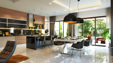 Fototapeta premium Modern kitchen and dining room with large windows overlooking a lush garden