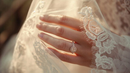 Close-up of the bride’s hand with her wedding ring visible through the veil, delicate and symbolic, upper third copy space