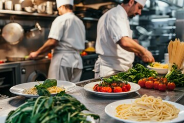 In the kitchen restaurant of the hotel, the chef prepares dinner. A cook in an apron makes a salad of vegetables and pizza.