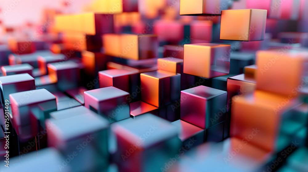 Poster abstract 3d rendering artwork of vibrant color geometric cubes on a grid.