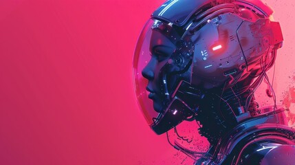 Obraz premium Futuristic AI Cyborg Portrait Against a Pink Background. Generative AI