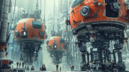 Fototapeta premium Futuristic Cityscape With Hovering AI Pods and Workers. Generative AI