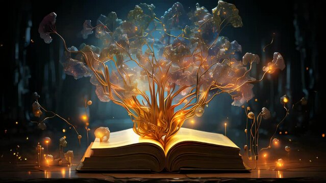 A glowing, high-tech tree in the shape of a human brain grows from a book. Concept of intelligence knowledge and education