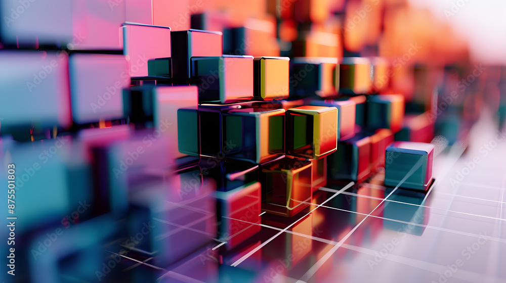 Aufkleber abstract 3d rendering artwork of vibrant color geometric cubes on a grid.