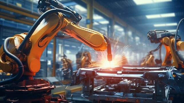 Engineer check and control welding robotics automatic arms machine in factory automotive industrial. Digital manufacturing operation.