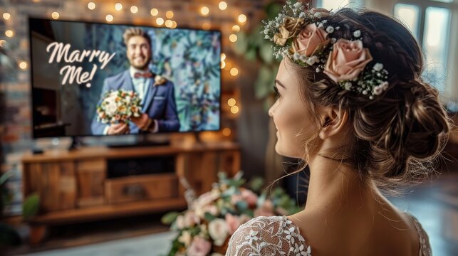 Bride looking at 'Marry Me?' sign on a TV screen. Virtual wedding proposal and engagement concept. - Powered by Adobe
