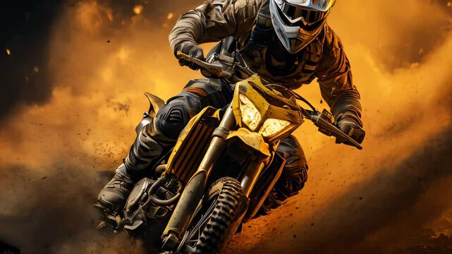 A motorcyclist on a motorcycle quickly rides through the dirt and dust on the track during a motocross competition