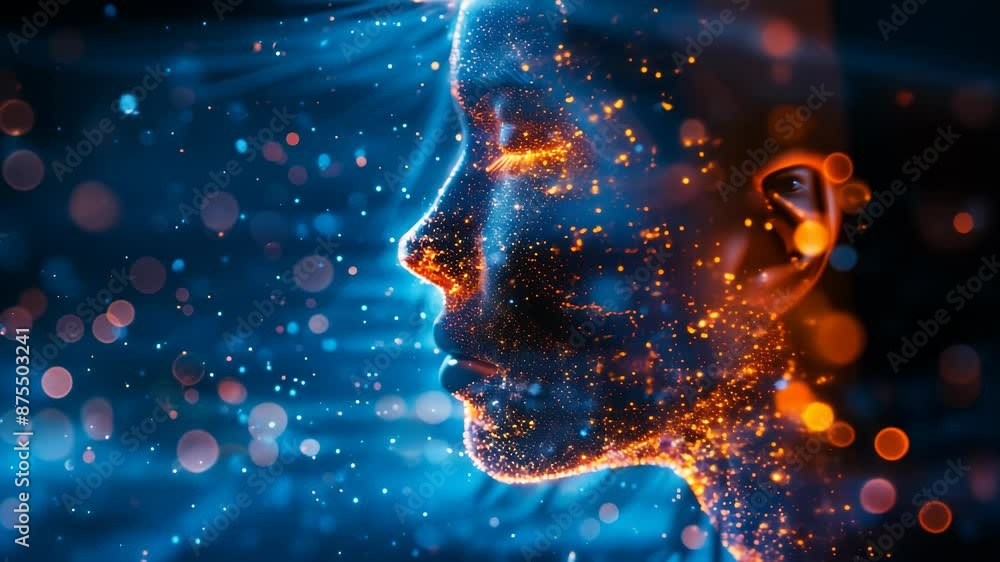 Poster futuristic digital human head profile composed of glowing particles representing artificial intellig