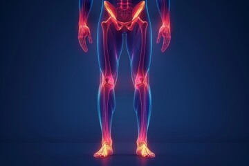 Detailed illustration of human lower body anatomy with highlighted joints and bones