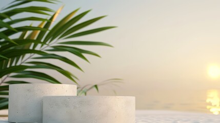 Modern 3D podium on a sunset beach, with intricate details and vivid colors, 8k resolution, perfect for summer themes, focus cover all object, deep dept of field