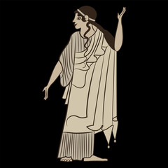 Standing ancient Greek woman in a long dress. Ethnic vase painting style. On black background.