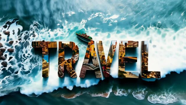 Vivid Travel Collage Forming TRAVEL Word on Ocean Wave Background for Global Tourism and Adventure Inspiration