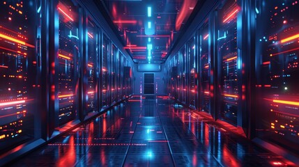 Fototapeta premium Futuristic Server Room With Red And Blue Lights. Generative AI