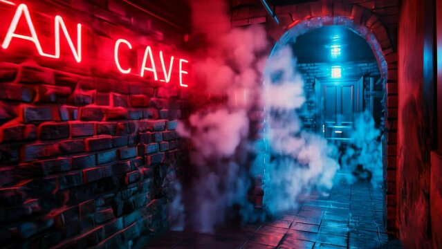 Vibrant Neon MAN CAVE Sign on Brick Wall with Mystical Blue and Red Smoke, Symbolizing Personal Retreat and Leisure Space at Night