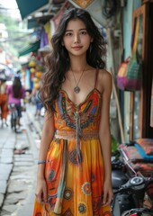 Obraz premium Woman in colorful dress standing on a busy street. Outdoor street photography. Summer fashion and travel concept.