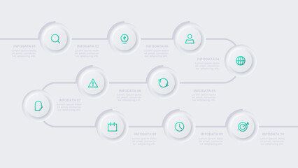 Neumorphic flowchart infographic. Creative concept for infographic with 10 options. Template for presentation and chart.