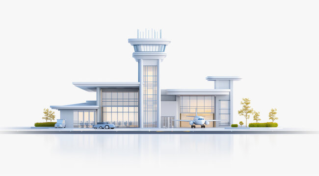 Modern 3D Airport Terminal with Control Tower and Airplane