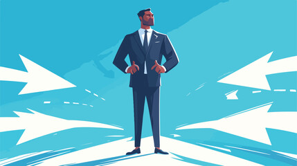 Obraz premium A black guy businessman standing on three ways arrows
