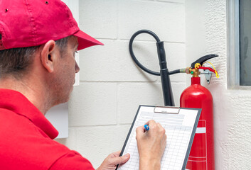 Technician performing inspection of carbon dioxide fire extinguisher. Fire protection systems...