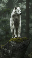 Fototapeta premium Majestic White Wolf Standing on Mossy Rock in Mystical Forest
