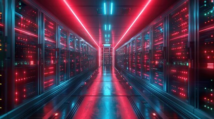Futuristic Server Room Illuminated by Red and Blue Lights. Generative AI