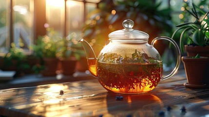 Glass Teapot with Fresh Herbal Tea on a Sunny Balcony