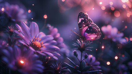 Enchanting Purple Flowers and Butterflies in Magical Twilight Setting
