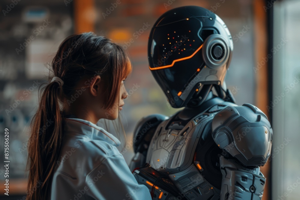 Poster girl interacting with futuristic robot in lab. a young girl interacts with a futuristic humanoid rob