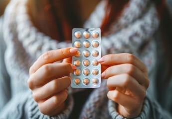 Close up of a woman's hands holding pills in pill packaging
